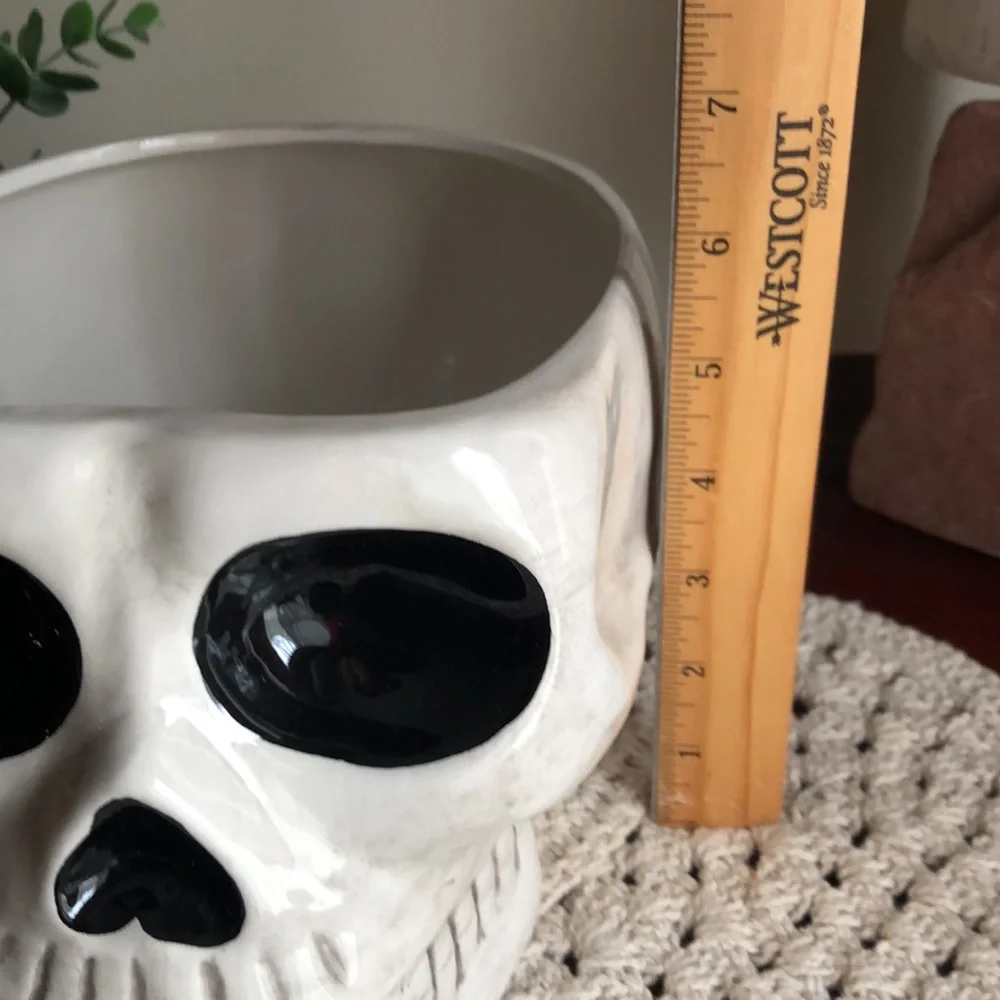 Gothic Ceramic Skull with Red Rose Accent - Halloween Decor
